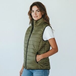 New Small Olive Army Puffer Quilted Bubble Vest Long Gilet Sleeveless Insulated